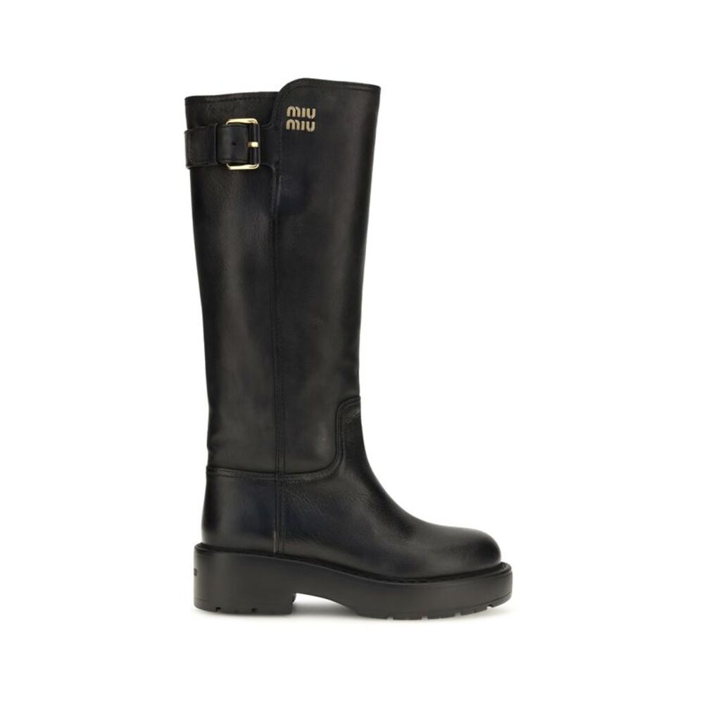 Miu Miu Women Leather Knee-High Boots With Buckle Detail